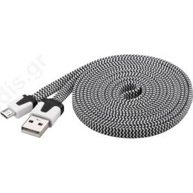 Goobay Καλώδιο πλακέ μαύρο-άσπρο USB 2.0 (A) σε micro-USB (B) Φόρτισης & Συγχρονισμού 2μ για Smartphone & Table